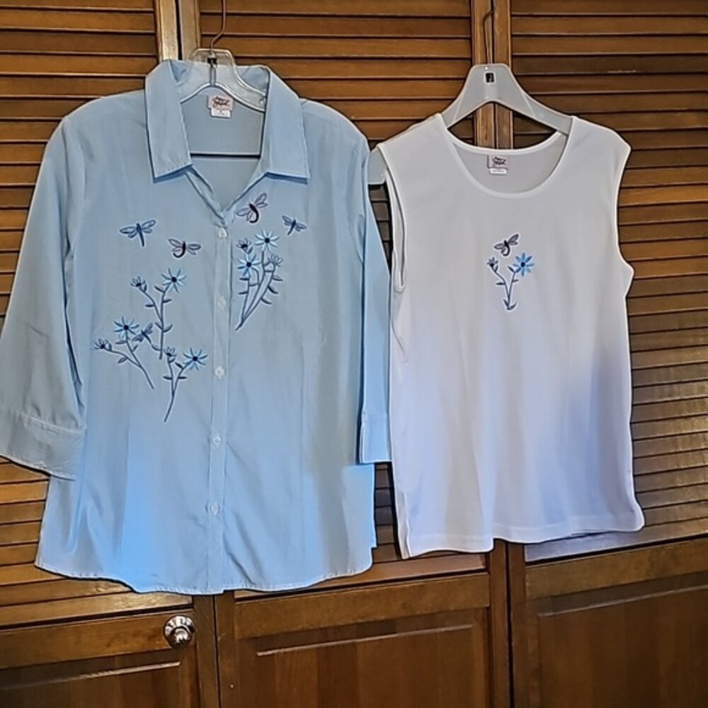 Adrian Dilafield 2 piece button down blouse with undershirt embroidered floral - Picture 2 of 12